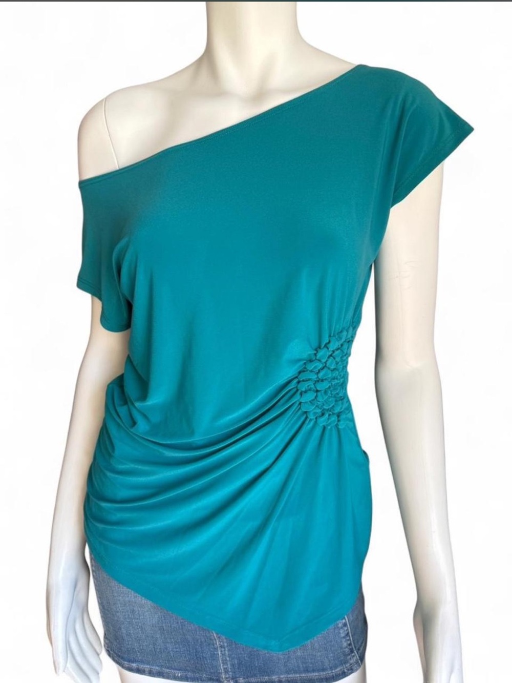 Y2K teal off Shoulder Ruched Top Draped Euro asymmetrical‎ Top